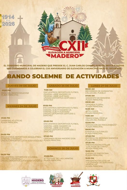 Conoce el Bando Solemne de Actividades del CXII Aniversario de la Elevación de Madero a Municipio